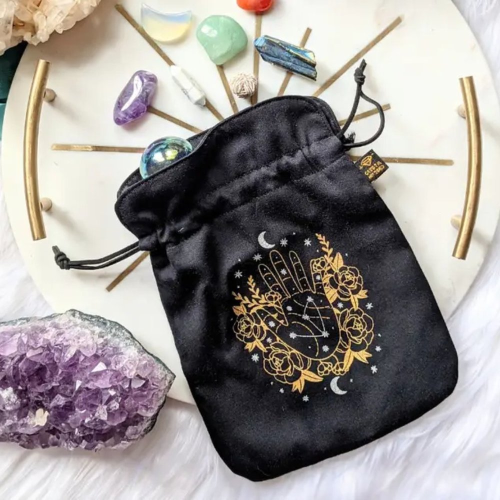 Black Tarot Pouch - Gold Moon, Stars, Palmistry Design - Awesome for Cards!!